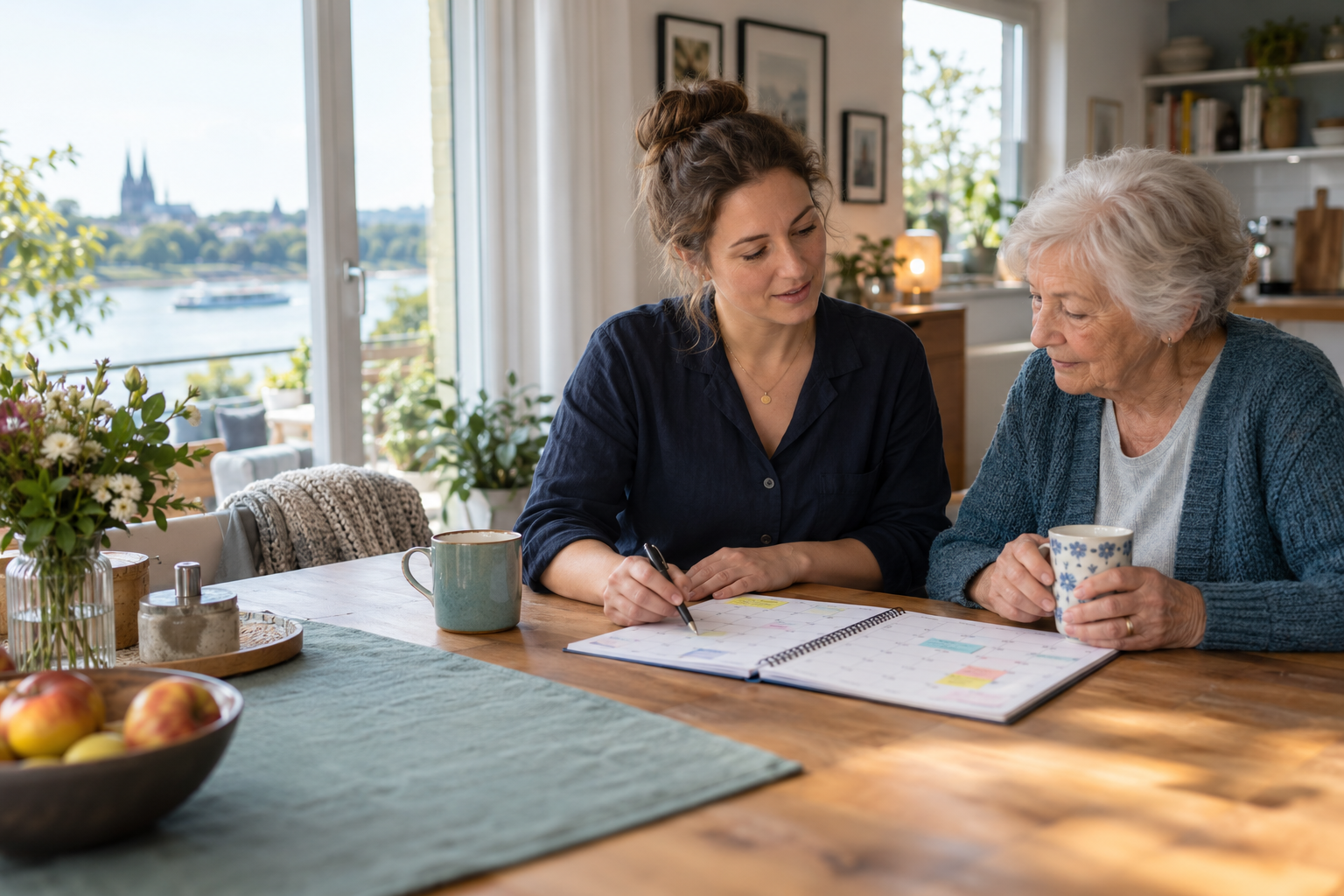 Alltagsbegleiterin plant gemeinsam mit einer Seniorin den Alltag
